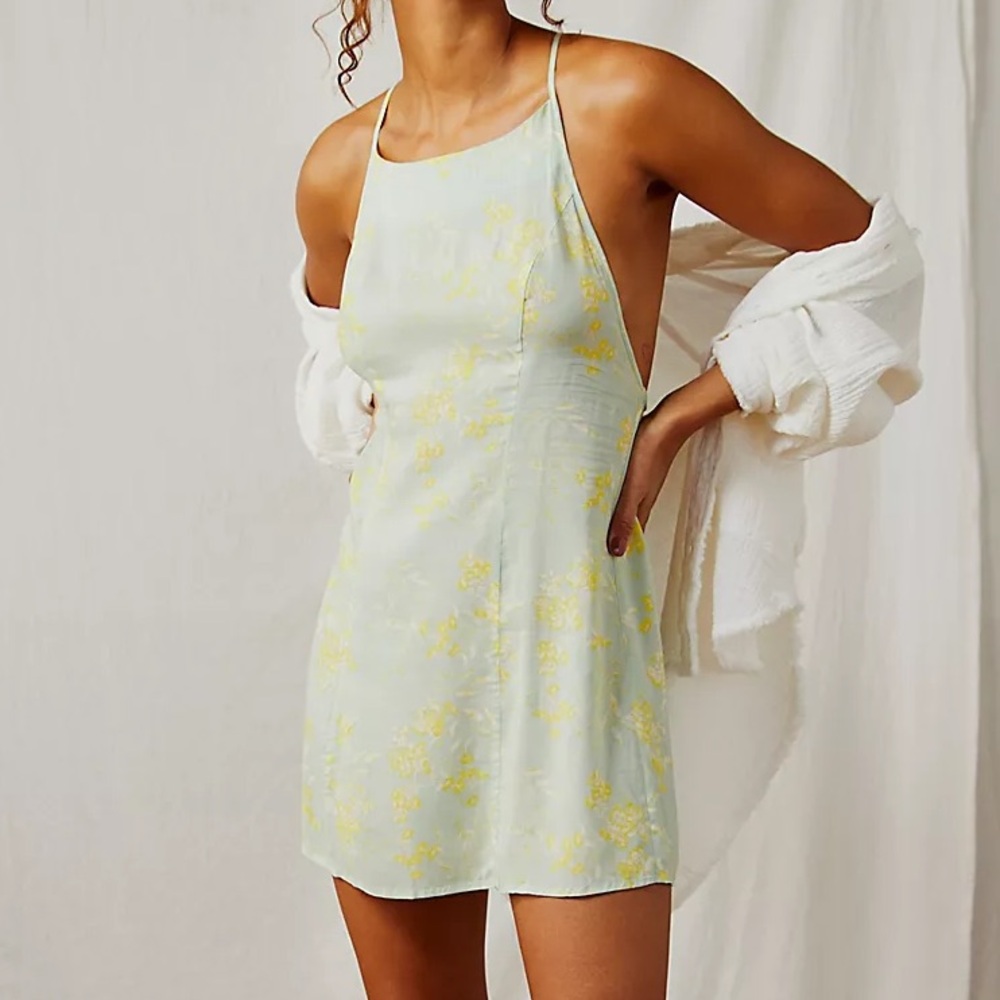 Free People Intimately In Control Mini Slip Dress Green Yellow Floral
